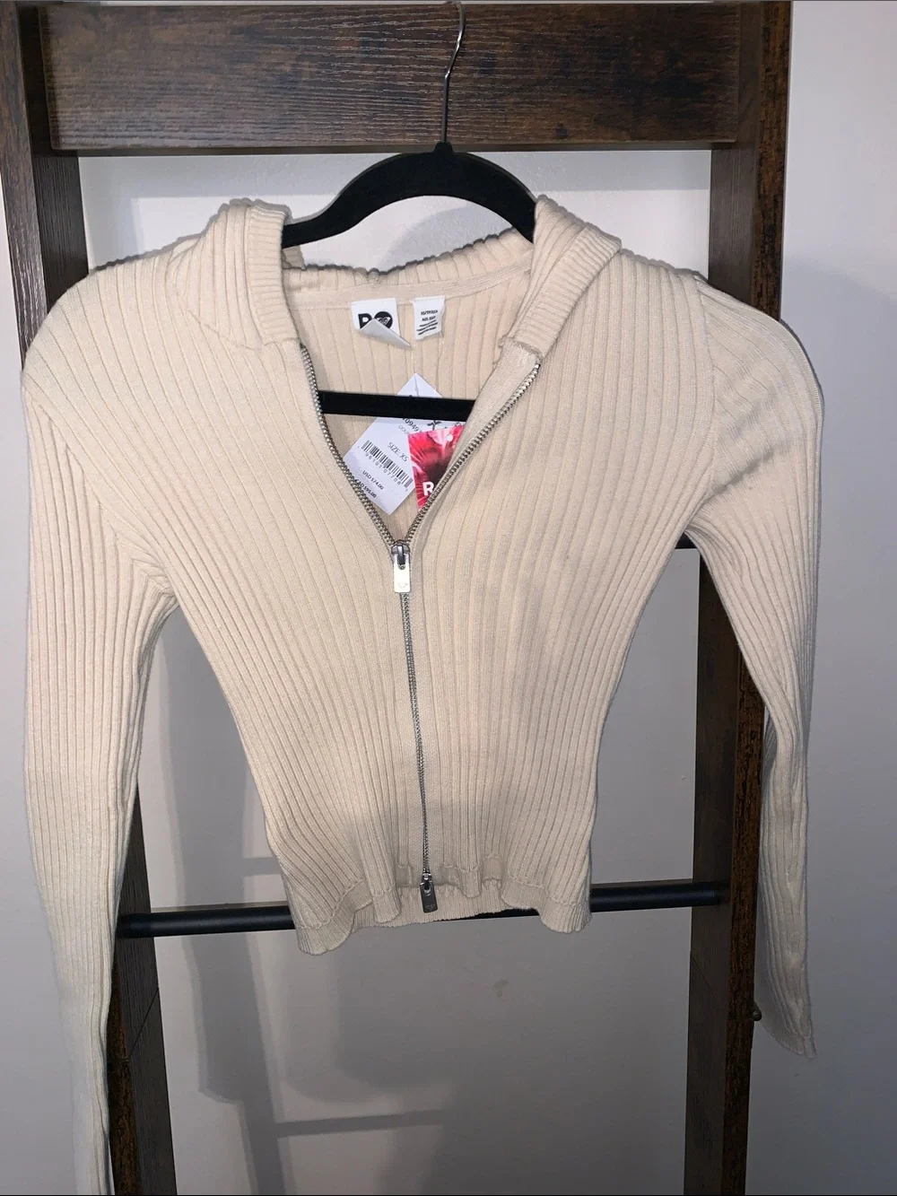 Roxy Ribbed Zip Hoodie in Cream - Picture 3 of 12